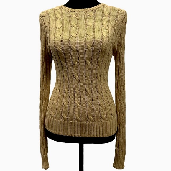 RALPH LAUREN Cable Knit Pullover Sweater Tan Pima Cotton Fitted Top Like New! - Picture 4 of 12